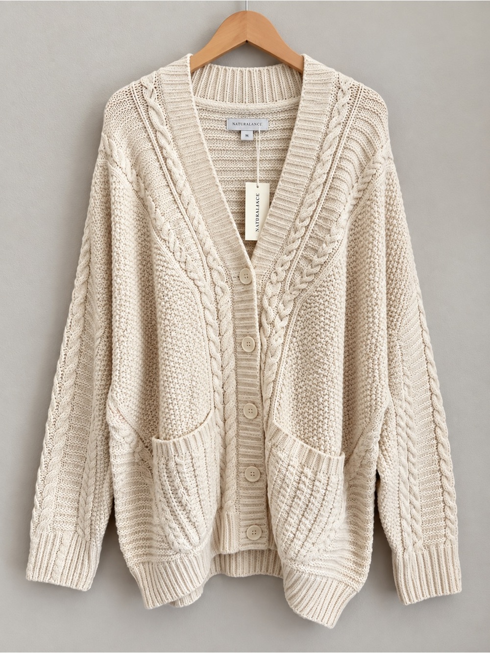Sundance XXL Ivory Cable Knit Cardigan Sweater Wool Cotton Blend Pockets Boho